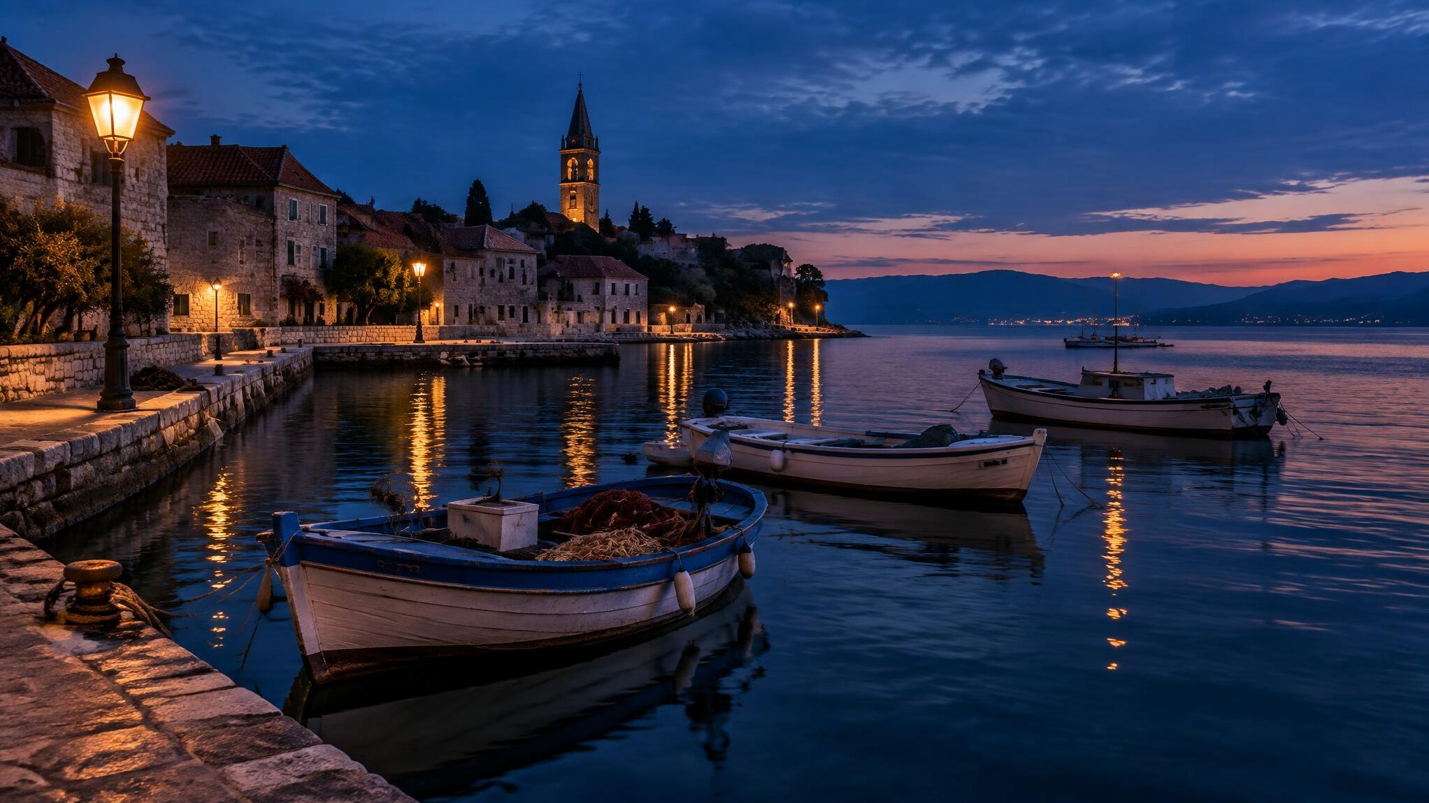 Mala luka u sumrak s privezanim čamcima